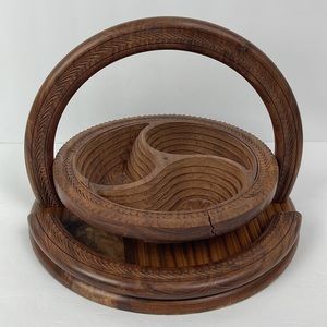 Vtg Hand Carved Collapsible Basket with 3 Paisley Bowl Compartments SEE VIDEO
